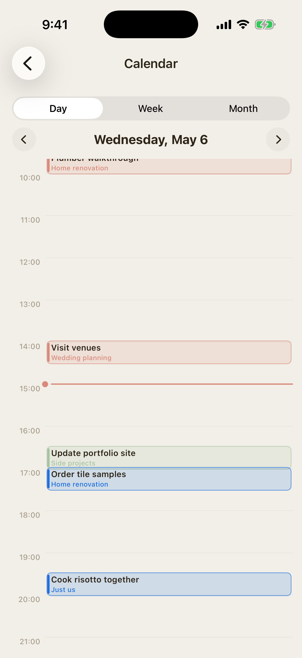 Calendar day view with scheduled tasks