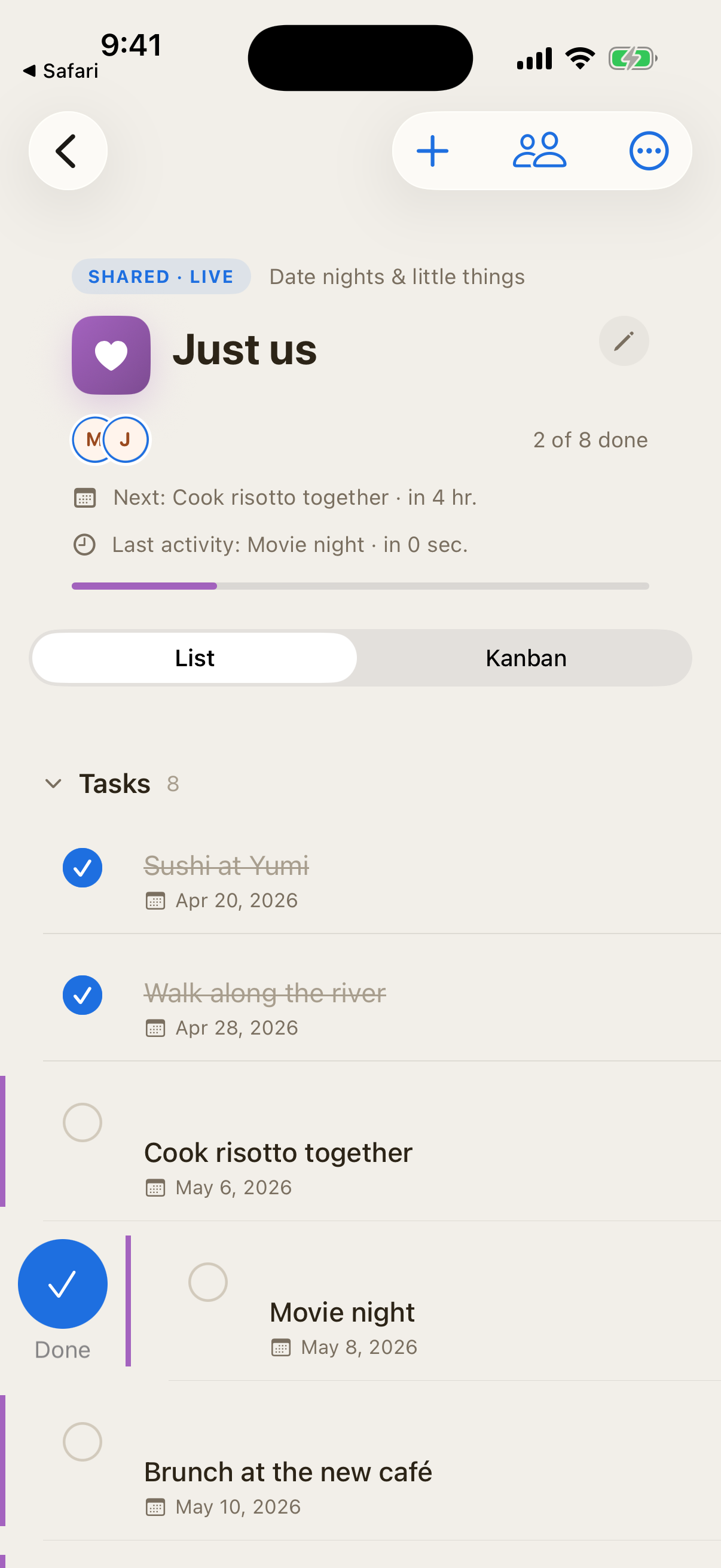 FluentTasks shared project view with completed tasks and upcoming items