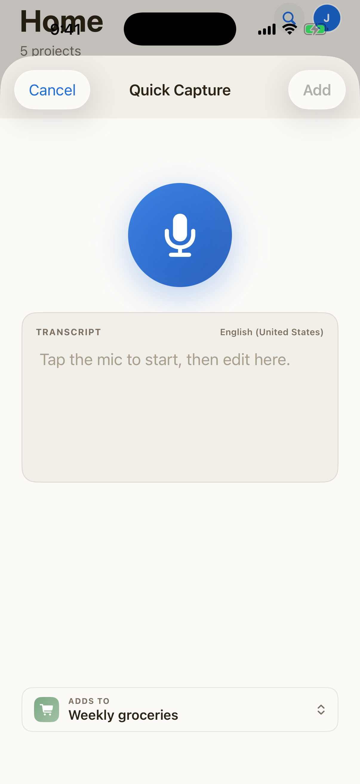 Quick capture voice input