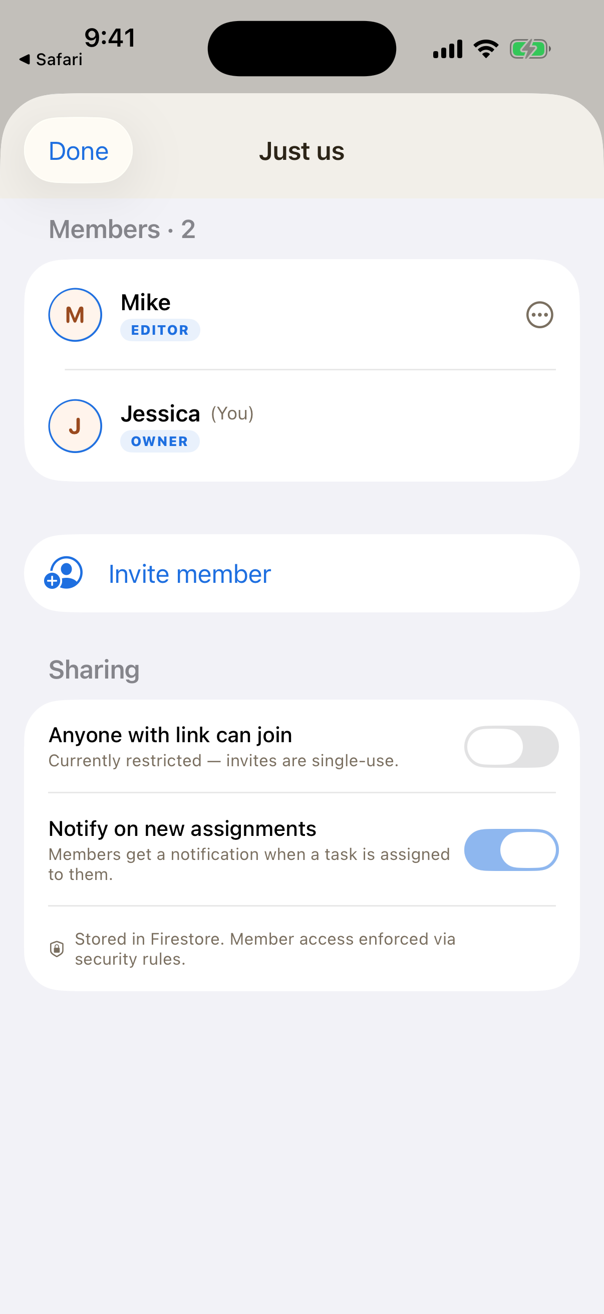 Members panel showing two people