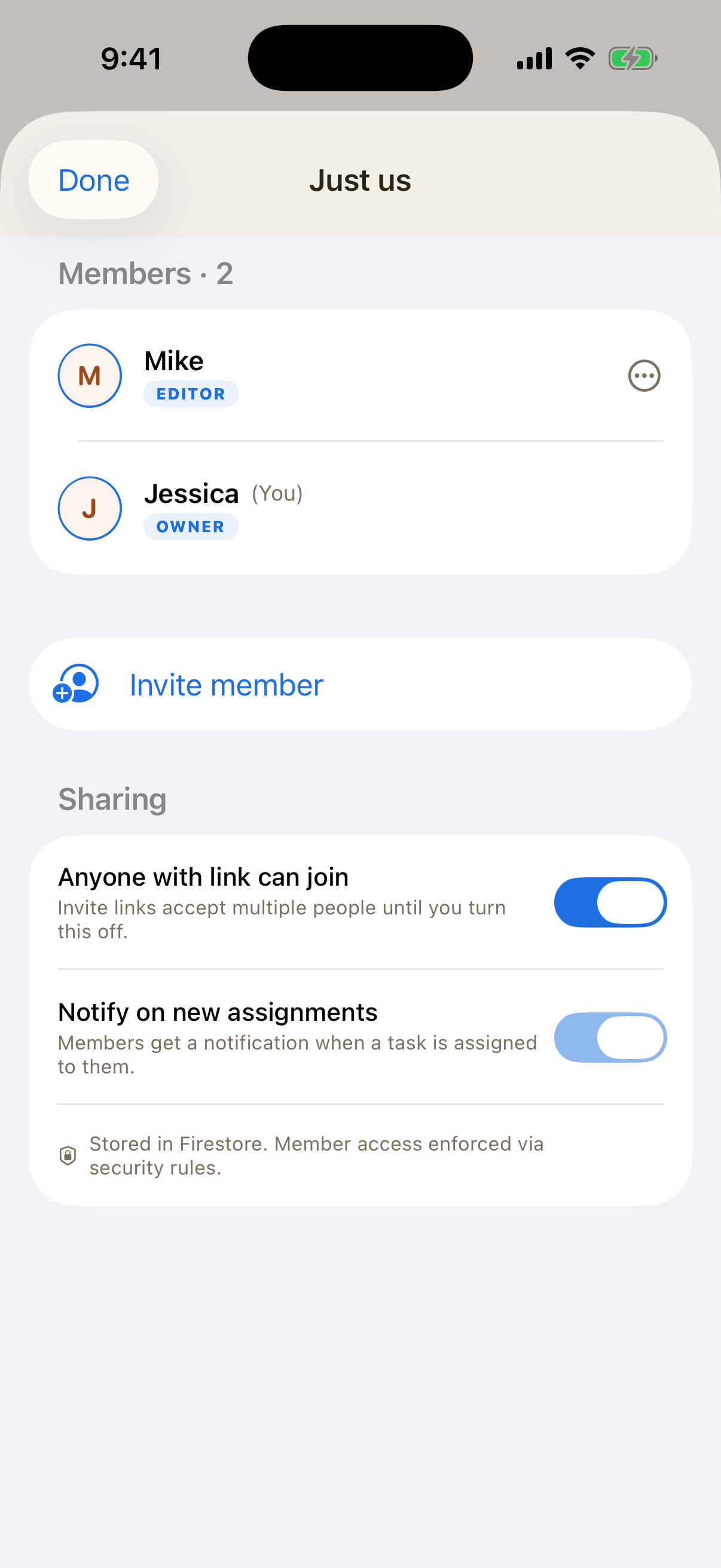 FluentTasks sharing settings showing two members